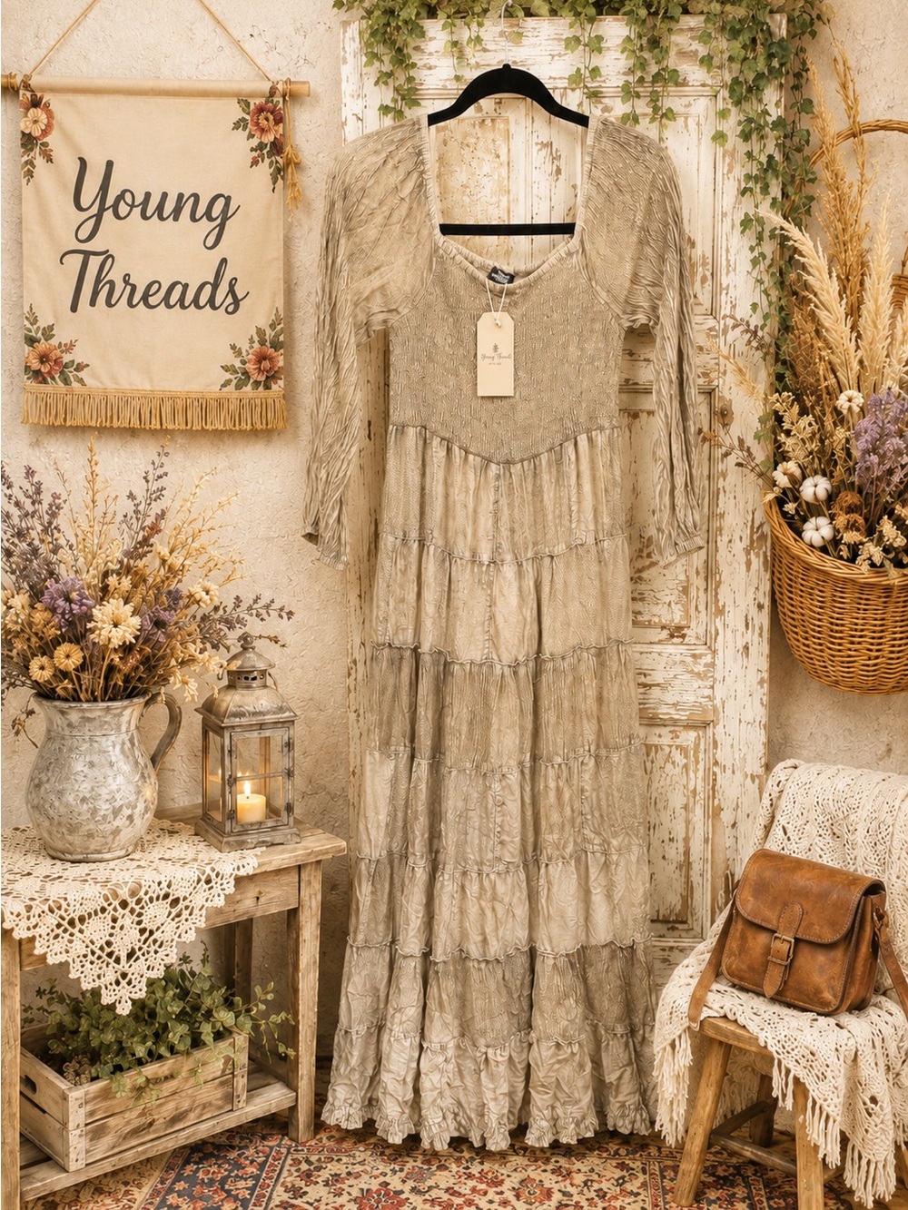 Bohemian Tiered Midi Dress in Cream by